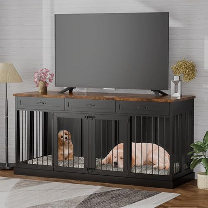 71 inches Double Furniture Style Dog Crate with 3 Drawers Indoor Wooden Dog, view 6