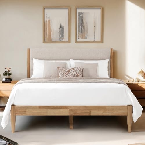 Wood Bed Frame with Upholstered Headboard, Oat, Queen, view 2