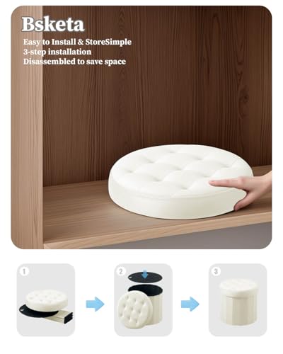 Folding Storage Ottoman Round 15Inch, Foot Stool with Thicker Foam Padded Seat Small Velvet Storage Ottoman Bench Foot Rest for Living Room Foldable Coffee Table,Beige
