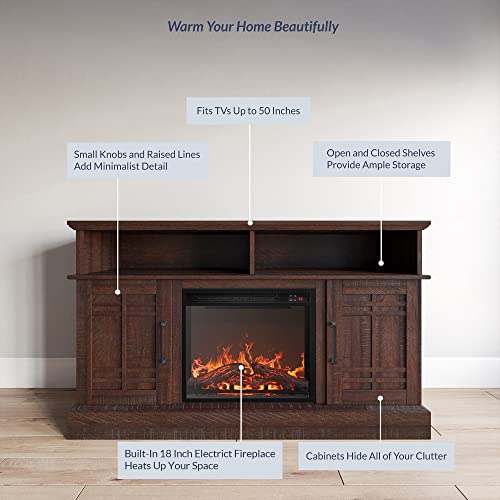 48" TV Stand with 18" Electric Fireplace Heater, Modern TV Stand for TVs up to 50", Entertainment Media Stand with Open Shelves and Storage Cabinets for Living Room, Bedroom (Espresso)