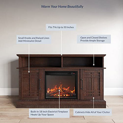 48" TV Stand with 18" Electric Fireplace Heater, Modern TV Stand for TVs up to 50", Entertainment Media Stand with Open Shelves and Storage Cabinets for Living Room, Bedroom (Espresso)