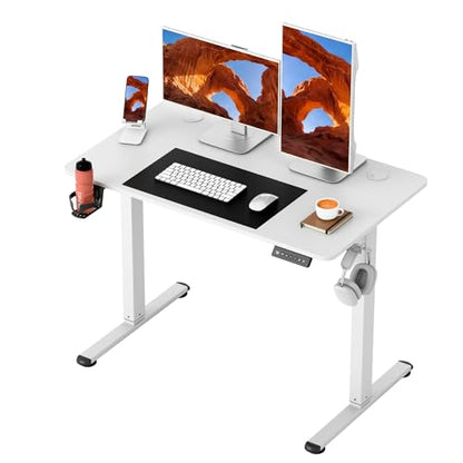Electric Standing Desk, 40 x 24 Inches Height Adjustable Sit Stand up Desk, Memory Preset Computer Home Office Desks with Sturdy Metal Frame, Phone Stand Cable Management Hole (White, 40'')