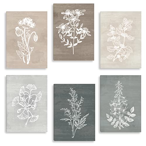 Neutral Botanical Plant Canvas 6 Pieces Wall Art Rustic Wall Decor Farmhouse Wall Paintings Botanical Prints Simple Plants Wall Pictures Minimalist Flower Decor for Living Room Bedroom Bathroom Office Dining Room 12"x 16"
