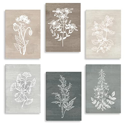 Neutral Botanical Plant Canvas 6 Pieces Wall Art Rustic Wall Decor Farmhouse Wall Paintings Botanical Prints Simple Plants Wall Pictures Minimalist Flower Decor for Living Room Bedroom Bathroom Office Dining Room 12"x 16"