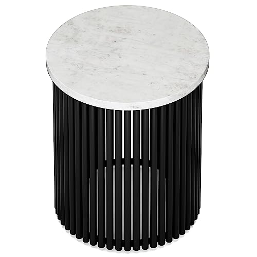 Demy Metal Accent Table - 18 in Wide Solid Metal Round Side Table with White Genuine Marble Top and Black, End Table for Living Room with Compact Design, Assembled