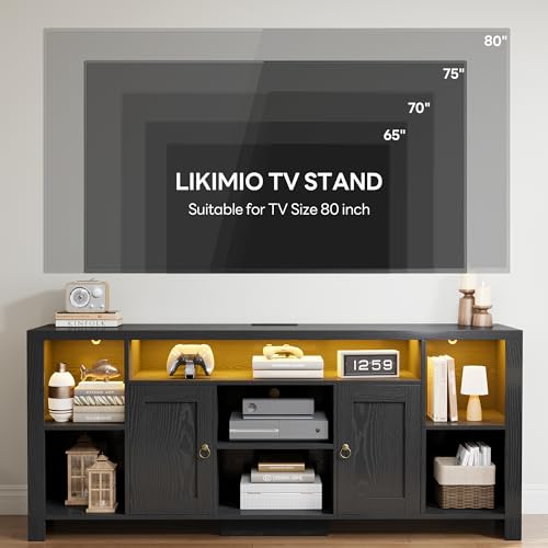 TV Stand for TVs 80 inch with LED Lights & Power Outlet, Entertainment Center with Cabinets, Adjustable Shelves and Open Shelves, Modern Media TV Console Living Room, Black