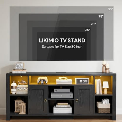 TV Stand for TVs 80 inch with LED Lights & Power Outlet, Entertainment Center with Cabinets, Adjustable Shelves and Open Shelves, Modern Media TV Console Living Room, Black