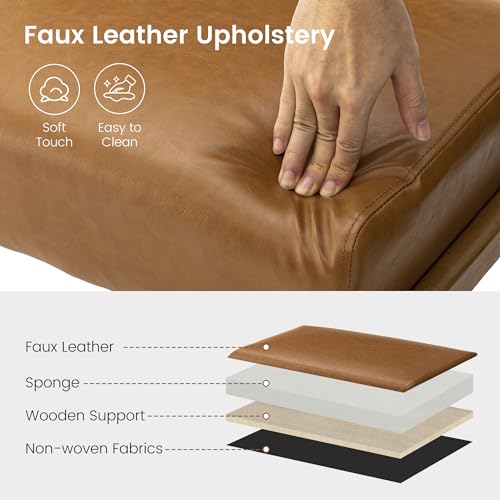 15.5"(H) Footrest Stool, Leatherette Ottoman, Accent Padded Sofa Foot Stool for Accent Chair, Wood Frame Foot Rest Ottoman for Living Room, Bedroom, Yellowish-Brown