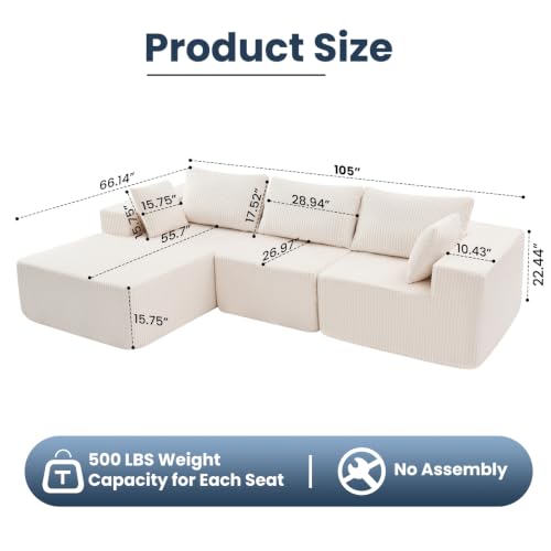 105" Modular Sectional Boneless Couch, Left Chaise L-Shaped Couch, view 4