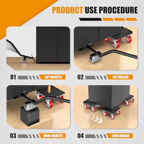 1500LBS Heavy Duty Furniture Dolly Movers Set with Lifter, 5-Wheel Carbon Steel Moving Rollers with Locking Casters for Refrigerator, Washer, Sofa & Cabinet(5.4 Inch, Red)