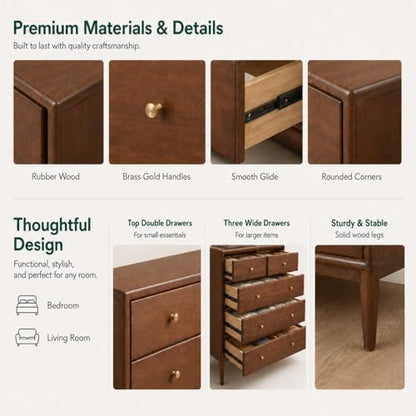 100% Solid Wood Nightstand with 5 Drawer, 5 Drawer Side Table for Bedroom, view 6