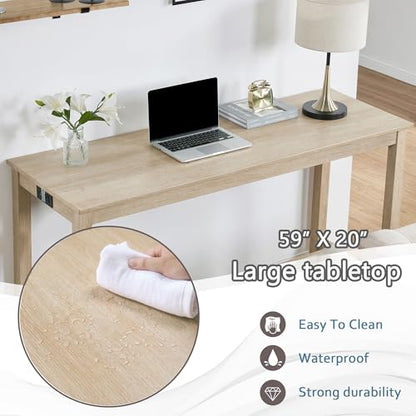 4 Piece Dining Table and Chairs Set with Charging Station, Farmhouse Wooden Kitchen Island-Table w/USB&Typc C&Power Outlet, 59" Behind Sofa-Table w/3pcs Upholstered Stools,Light Oak
