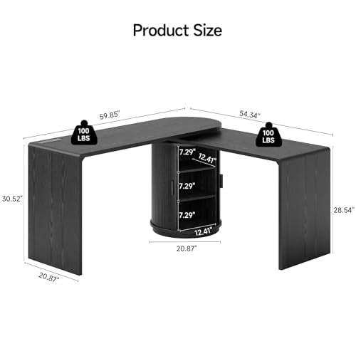 60 Inch L Shaped Desks with Power Outlets,360° Rotating Swivel Corner Desk with Storge, Fluted Computer Table for Home Office,Workstation,Study Room,Black