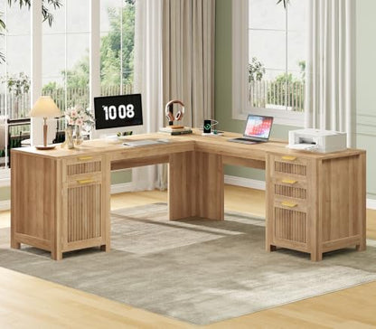 59" Fluted L Shaped Desk with Drawers & Storage Cabinet for Home Office, view 4