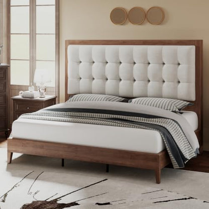 Queen Bed Frame Solid Wood,50" Tall Upholstered Headboard,Walnut, view 2
