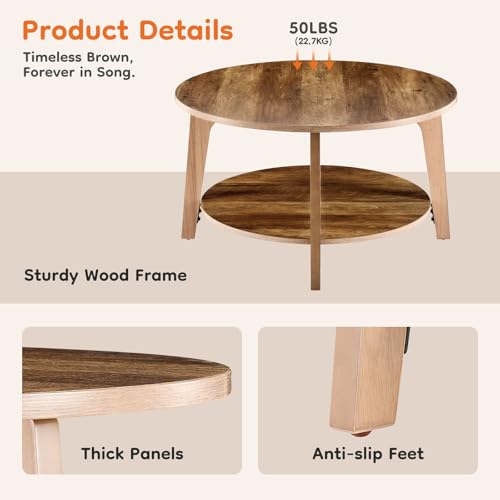 Round Coffee Table, 32'' Wood Coffee Tables for Living Room with Storage, 2-Tier Center Circle Counter with Wooded Desktop, 50 lbs Capacity, Anti-Slip Feet, Modern Farmhouse Design, Brown