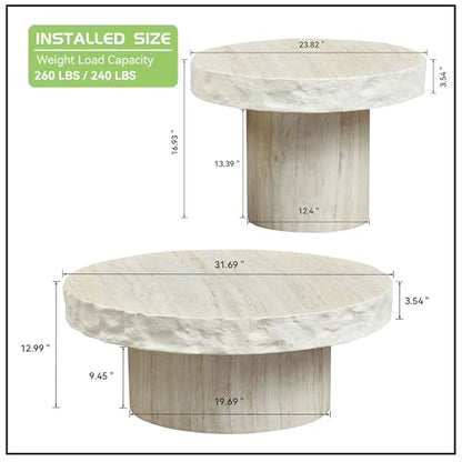 Set of 2 Round Coffee Tables for Living Room, 31.7" W x 13" H Faux Mars Circle Drum Pattern Modern Minimalist 23.82" W x16.93 Side Tables Accent End Table for Apartment, Office, Beige
