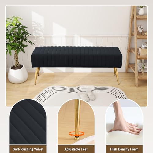 44 Inch Bedroom Ottoman Bench, Black Upholstered End of Bed Bench with Gold Legs for Living Room Bedroom Dinning Room Entryway, Black