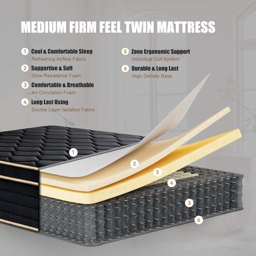 Twin Mattress 10 Inch Twin Size Mattresses in a Box Spring Hybrid Twin Bed, view 4