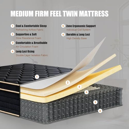 Twin Mattress 10 Inch Twin Size Mattresses in a Box Spring Hybrid Twin Bed, view 4