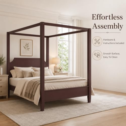 King Size Wooden Canopy Bed Frame Walnut Vintage Rustic, view 7