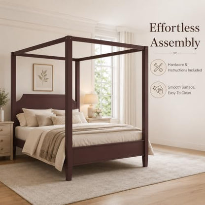 King Size Wooden Canopy Bed Frame Walnut Vintage Rustic, view 7