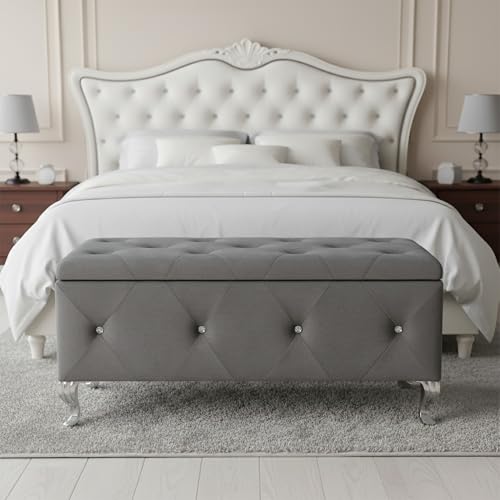 Glam 38 Inches Storage Ottoman Bench for Entryway, Hallway, Living Room, and Bedroom, Upholstered Tufted Faux Leather Ottoman with Storage, Foot Rest and Organizer, Fossil Gray