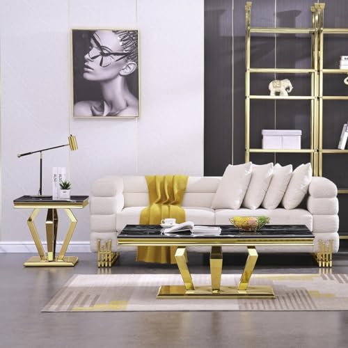 Black and Gold End Table for Living Room, Modern Square Side Table with Polished Stainless Steel Geometric Diamond Base