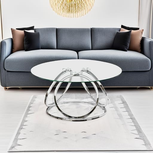 Silver Coffee Table, Modern Glass Coffee Table Living Room Table with Ring-Shaped Frames, Glass Coffee Table for Home&Office, Chrome Finish, 1 PC | Modern