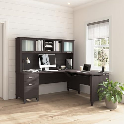 72-Inch L-Shaped Sit to Stand Desk with Hutch, Adjustable Height Standing Corner Computer Desk with Drawers, Shelves and Storage Cabinet, Home Office, Somerset Collection, Storm Gray