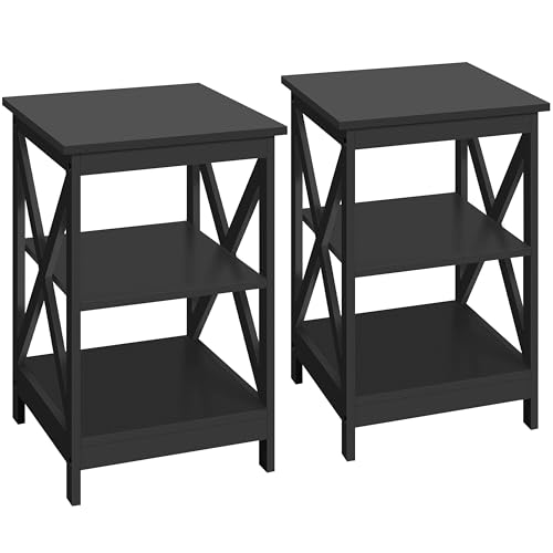 Yaheetech Black End Table Set of 2, 16x16x24 in Sturdy 3-Tier Side Tables with Storage Shelf & Solid Wood Legs, 2Pcs X-Design Modern Sofa Side Table for Living Room Office, Easy Assembly
