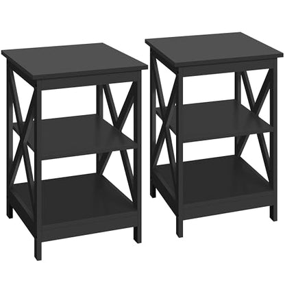 Yaheetech Black End Table Set of 2, 16x16x24 in Sturdy 3-Tier Side Tables with Storage Shelf & Solid Wood Legs, 2Pcs X-Design Modern Sofa Side Table for Living Room Office, Easy Assembly