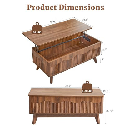 Lift Top Coffee Table with Hidden Storage, Farmhouse Fluted Coffee Table with Wave Profile, Rising Top Rectangular Center Table for Living Room (Walnut)