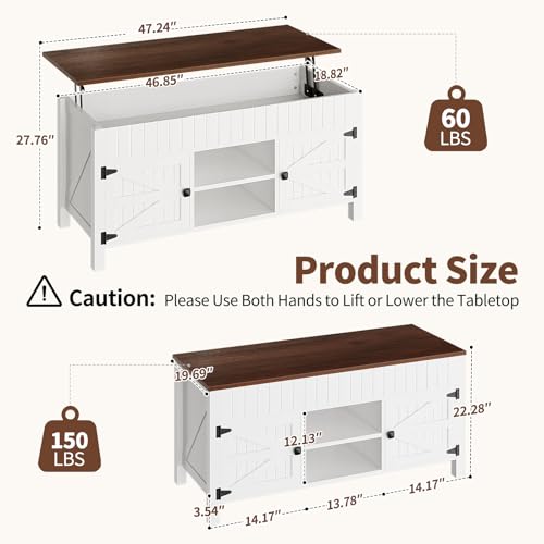 47.3“ Lift Top Coffee Table with Storage - White Coffee Tables for Living Room, Farmhouse Wood Center Table, Large Rectangle Middle Tables with Hidden Compartment & Adjustable Shelf