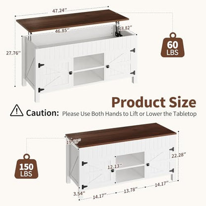 47.3“ Lift Top Coffee Table with Storage - White Coffee Tables for Living Room, Farmhouse Wood Center Table, Large Rectangle Middle Tables with Hidden Compartment & Adjustable Shelf
