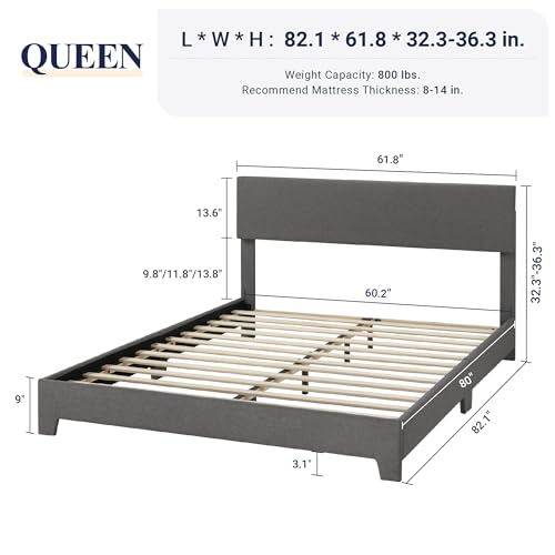 Queen Size Upholstered Bed Frame Adjustable Headboard, Dark Grey, view 4
