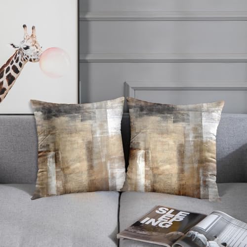 Throw Pillow Covers Modern Home Art Decor, 18 x 18 Inches Set of 2 Pillow Cases Decorative, Abstract Oil Painting Pillowcases for Bedroom, Living Room, Taupe Tan Grey Brown Beige