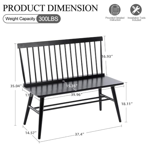 Entryway Bench, Black Dining Bench with Spindle Back, view 3