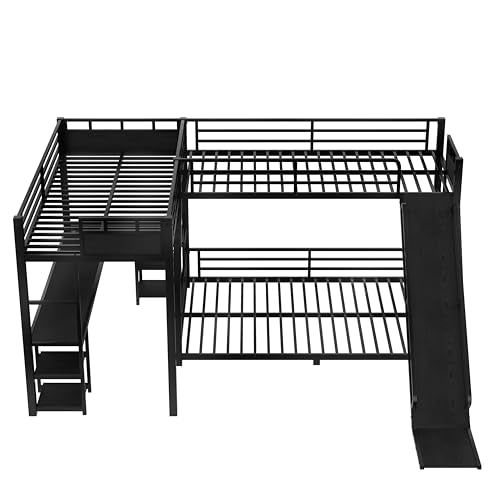 JIVOIT Triple Bunk Bed with Slide & Desk, Storage Shelves, L-Shaped Metal Bunk Bed with Loft Bed, Space-Saving Twin XL Over Queen Metal Triple Bed, Quiet Design, No Box Spring Required