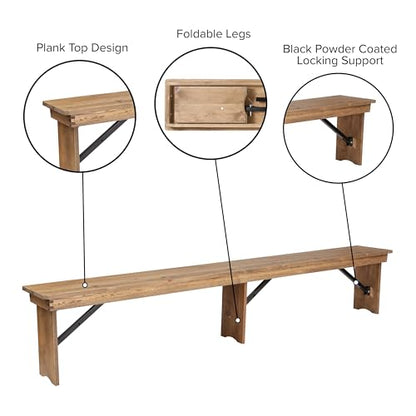 Hercules Series 8' x 12' Commercial Grade Rustic Solid Pine Folding Bench, Antique Farmhouse 3 Leg Dining Bench, Seats up to 4 Adults | Foldable Locking Legs