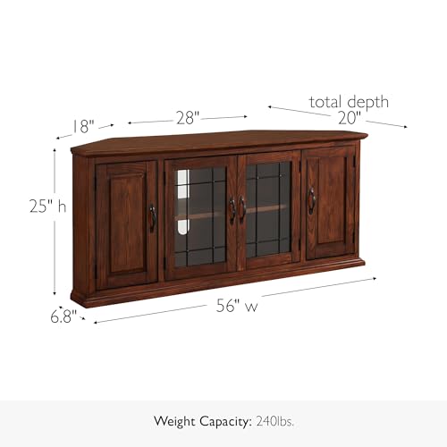 Riley Corner TV Stand 60 in, Burnished Oak, Solid Wood, Beveled Tempered Glass, Blackened Hardware, Adjustable Shelf, Easy Assembly, 56 in L x 20 in W x 25 in H, Item 80386