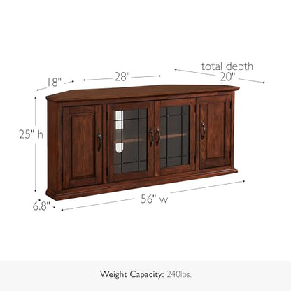 Riley Corner TV Stand 60 in, Burnished Oak, Solid Wood, Beveled Tempered Glass, Blackened Hardware, Adjustable Shelf, Easy Assembly, 56 in L x 20 in W x 25 in H, Item 80386
