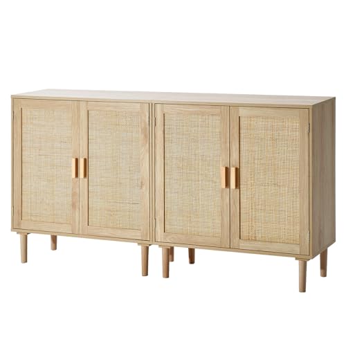 Rattan Buffet Cabinet with Storage, 4 Magnetic Doors and Adjustable Shelves, view 2