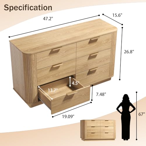 6 Drawer Dresser for Bedroom, 47'' Wide Chest of Drawers, Natural Oak, view 3