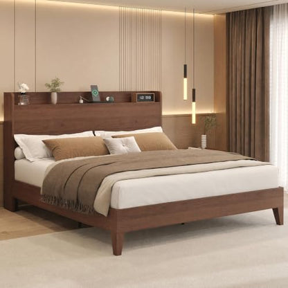 King Size Bed Frame with Storage Headboard & Charging Station, Walnut, view 5