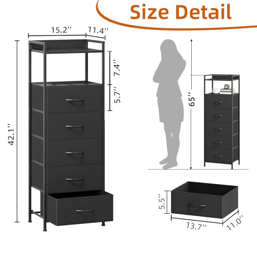 Tall Dresser for Bedroom, 5 Drawers Nightstand Vertical Storage Tower Unit, Night Stand Furniture with Fabric Drawer Organizer in Bedside Hallway, Entryway, Kids Room, Closet, Black