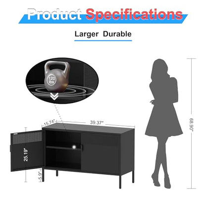 2 Door Storage Sideboard, Metal Storage Cabinet with 2 Adjustable Shelf,Multipurpose Metal Accent Cabinet for Office Home,Music Studio (Black, 25''H)