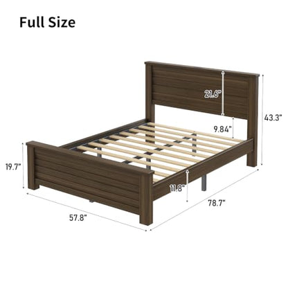 Wooden Platform Full Bed Frame with Charg3 Station, Thick Headboard, Brown, view 3