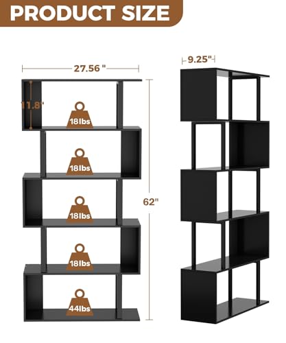 5-Tier Tall Bookshelf, S-Shaped Book Shelf Unit, Black, view 4