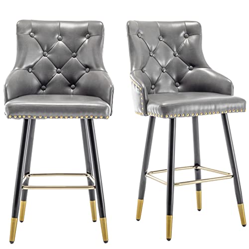 Set of 2 Premium upholstered Dining 26" High Back Stool Bar Chairs, Gray PU Leather Tufted Gold Nail Head Trim, (2)